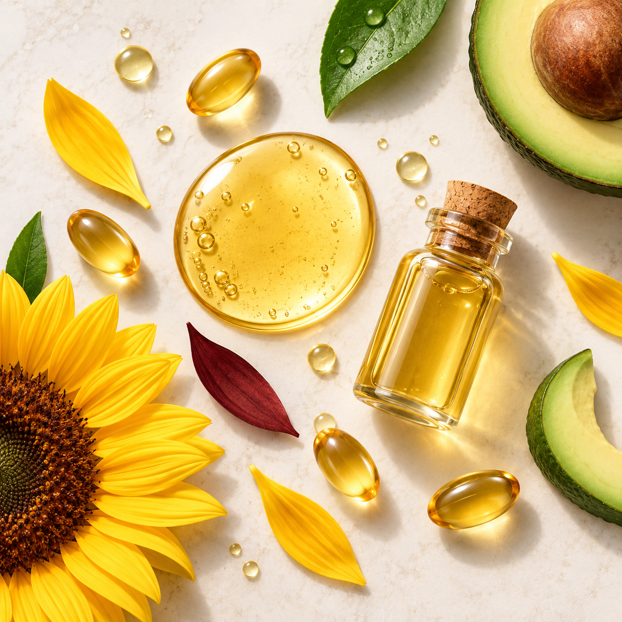 Vitamine E avec huile dorée et tournesol